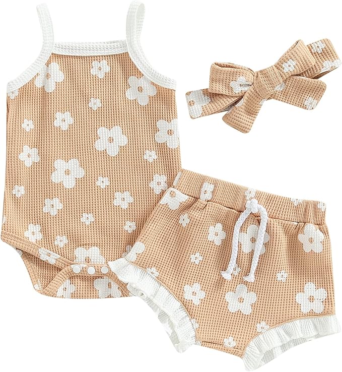 Baby Girl 3PCS Summer Boho Rompers Outfits Bodysuit Shorts Clothes Headband Set 7096